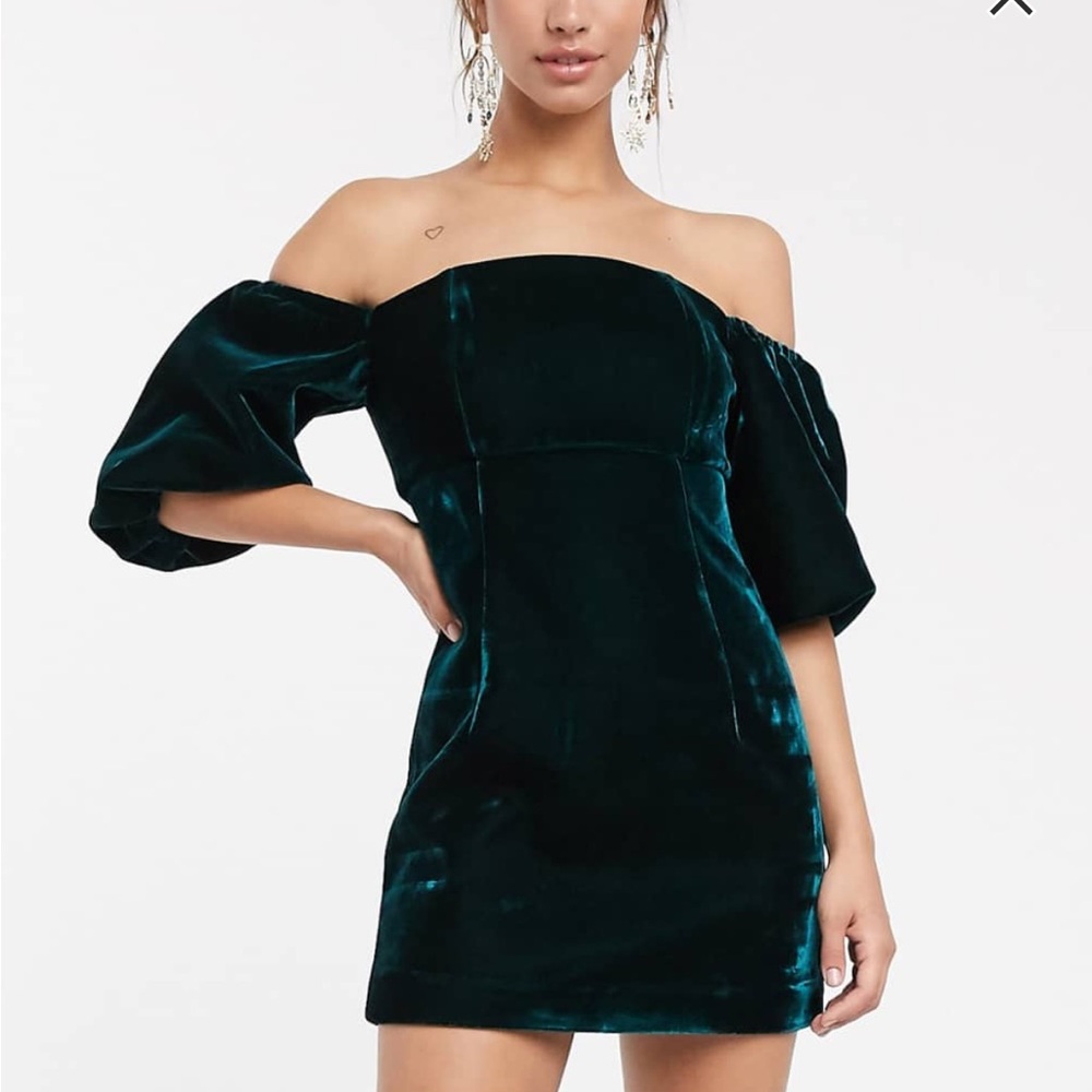ASOS Velvet Off-Shoulder Mini Dress in Dark Green